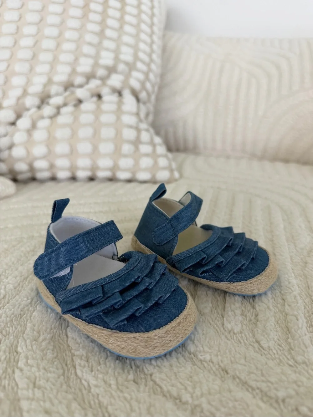 Baby Denim Ruffle Espadrille Mary Jane Shoes- 0-6 M, NEW